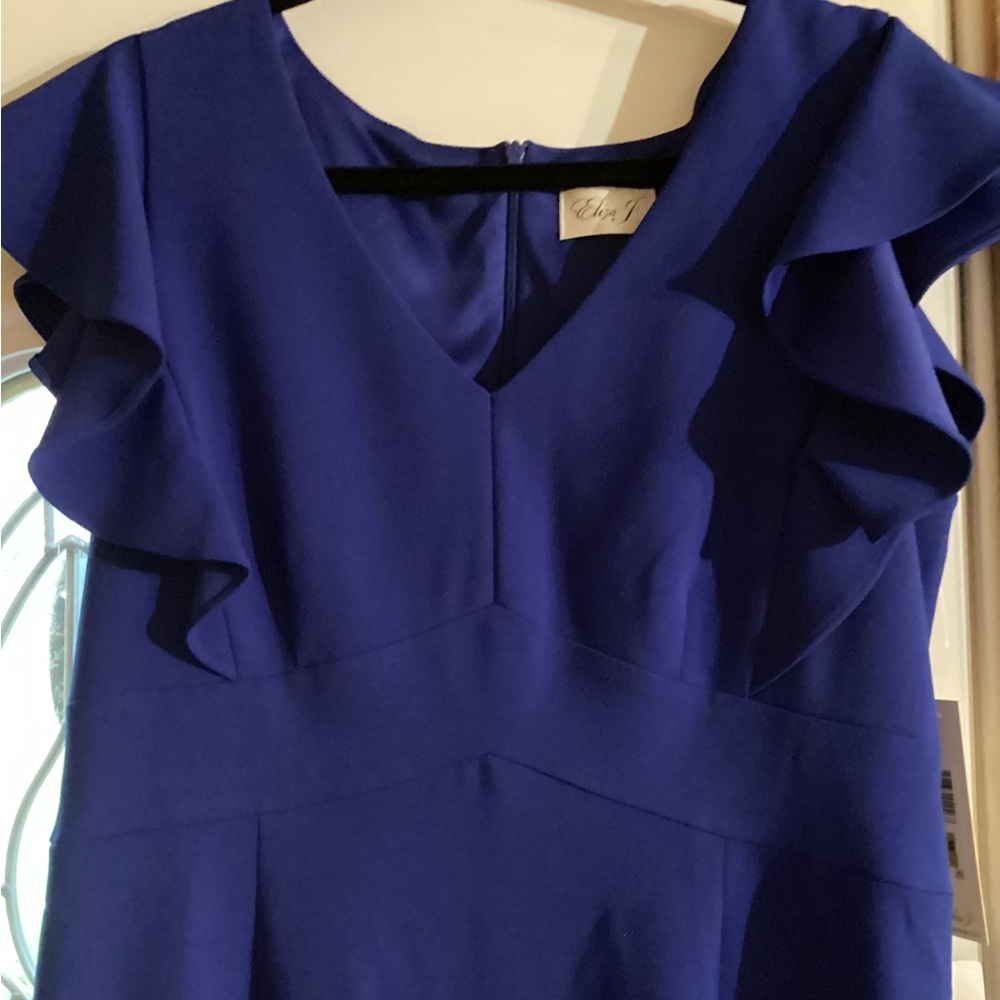 Eliza J Blue Ruffled V-Neck Cocktail Dress